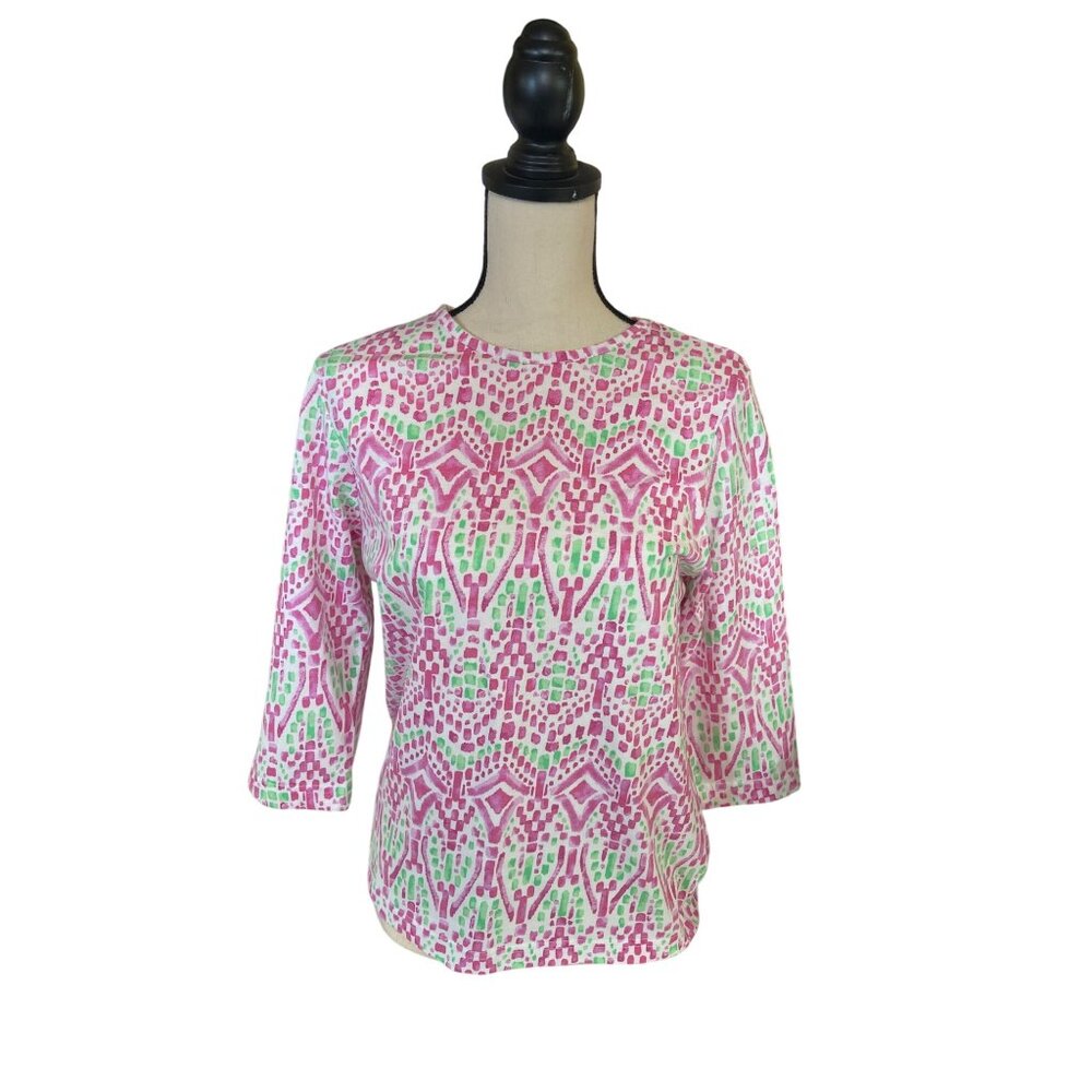 Blair Womens Pink Green 3/4 Sleeve Top Small Geometric